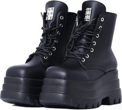 femflame Women's Black Platform Boots Goth Punk Wedge Heel Ankle Booties Round Toe Studded Combat Boots for Women 5.5 Black