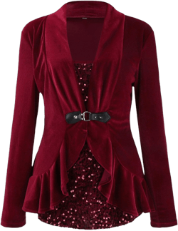 Womens Sparkly Sequin Velvet Tops Dressy Elegant Long Sleeve Sparkle Christmas Party Peplum Top Blouse Burgundy Red X-Large