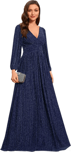Ever-Pretty Women's V Neck Ruched High Waist Long Sleeves Floor Length Glitter Evening Dresses 01961 28 Navy Blue