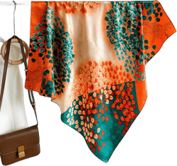 Women's Square Silk Like Head Scarf Large 35 inch Silk Feeling Hair Wrapping Satin Scarves for Sleeping Bandanas A024-1 Twill Jacquard Leaf Orange