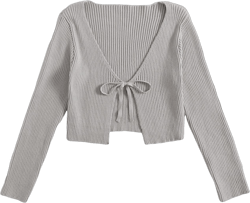 Floerns Women's Tie Front Long Sleeve Rib Knit Shrug Sweaters Cardigan Crop Top X-Large Light Grey