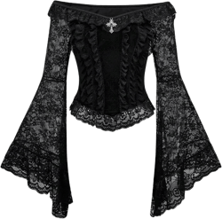 SHENHE Women's Gothic Lace Bell Sleeve Top Velvet Off Shoulder Vintage Punk Crop Top Blouse Small Black