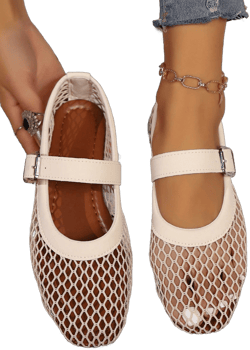 New Women's Mesh Loafers, Fashionable & Versatile Breathable Netted Footwear, Slip-On Buckle Mary Jane Style, Lightweight And Soft-Sole Casual Flat Shoes In Beige Color, Suitable For Fashionable Young Women