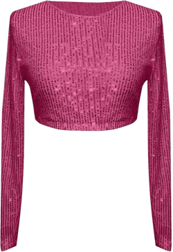 Womens Long Sleeve Sequin Crop Tops Casual Crewneck Glitter Sparkly Pullover T Shirts Party Night Dance Clubwear Large Hot Pink