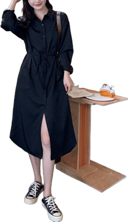 Women's Shirt Dress Midi Length, Long Sleeve Button Down Shirt Dress with Pockets, Black Shirt Dress with Tie Waist, Slit Hem Shirt Dress