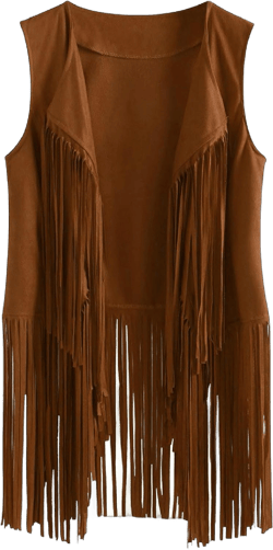 Womens Tassel Vest 70s Hippie Faux Suede Sleeveless Fringe Jacket Vintage Open Front Cardigan Waistcoat Outwear Tops X-Large Khaki