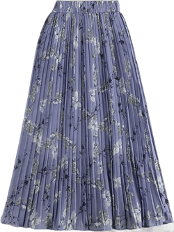 Women Chiffon Pleated Skirt Spring Summer Vintage Floral Print Boho Beach High Waist Midi Long Skirt One Size Blue