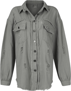 Trendy Casual Women's Oversized Jean Shacket Solid Color Long Sleeve Distressed Jacket with Pockets Large 2-light Gray