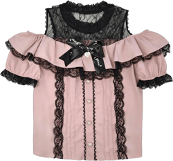 Sweet Cold Shoulder Shirt Women Lolita Lace Mesh Sheer Short Sleeve Blouse Vintage Ruffle Button Cute Tops Medium Pink