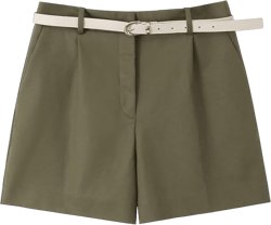 ALSOGO Women's Solid High Waisted Shorts Casual Pocketed Pleated Shorts with Belt Medium Army Green
