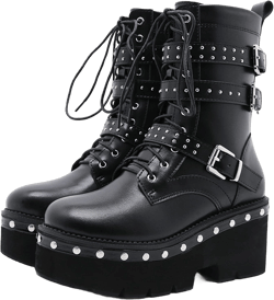 AMAZIDEAL Women's Chunky Punk Lace-up Platform Boots,Fashion Round Toe Side Zipper Gothic Ankle Booties Casual Non-slip Studded Buckle Combat Short Boots 4.5 Black