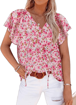 Mansy Women's Casual Floral Print V Neck Ruffle Short Sleeve Summer Shirts Tops Loose Blouses A-11-rose Pink Large