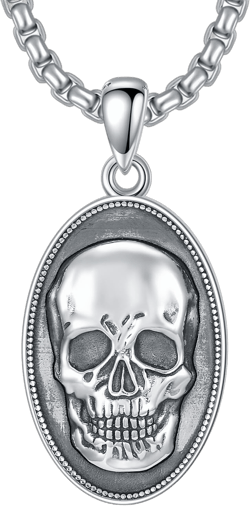 Skull Pendant Memento Mori Necklace 925 Sterling Silver Skull Head Bones Jewelry Gift for Men Women (03-Skull Medallion Oval & Simple-Silver)