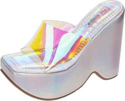 Cape Robbin Pinkki Platform Wedges - Wedges Heels for Women - 6-inch Women Wedge Heels Square Open Toe - Slip On Platform Wedge Heels with Clear Strap 8 Holographic