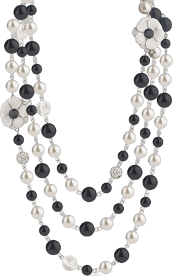 Vintage Inspired Imitation Pearl Long Strand Black and White Camellia Flower Costume Layered Necklace, Statement Multiple Strands Pendant for Women, Jewelry Gift Silver rhinestones