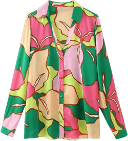 Woman Print Shirt Women Long Sleeve Satin Shirts Female Button Up Casual Loose Blouse Top Large Pink