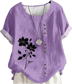 MARSVOVO Linen Tops for Women Summer 2024 Fashion Flower Leaves Print Short Sleeve Blouse Loose Fit High Waist Japanese Art Clothing Curved Hem Casual Crew Neck Cotton T-Shirts,XL