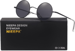 NIEEPA Vintage Small Round Polarized Hippie Sunglasses for Men Women Circle Sun Glasses NP1002 Grey Lens/Black Frame/Transparent Cover