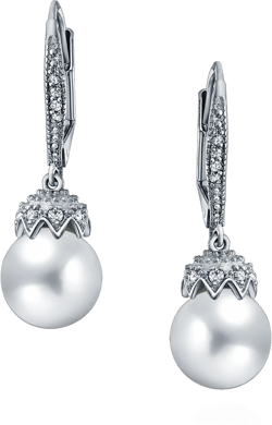 Elegant Vintage Bridal Jewelry - Milgrain Crown Pave CZ Half Mini Hoop White Glass Ball Pearl Drops Earrings for Women with Omega Back, Exquisite Silver Plated