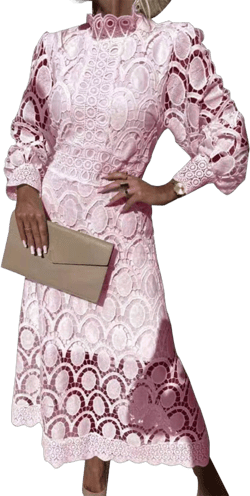 Women's Flowy Lace Formal Dress Lace Double-Layer Puff Sleeve Stand Collar Tight Waist Long Dress Elegant Summer Dresses Large Pink