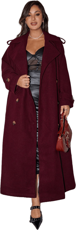 SHEIN BAE Plus Size Curve Women Burgundy Color Long Sleeve Simple Front Button Longline Jacket, Casual Everyday Wear Vintage Burgundy Long Woolen Coat, Warm And Thickened In Winter Hollowed Costumes Thanksgiving Women Outfit Halloween Women Costumes Winter Long Women Coats Christmas Women Clothes Trench Women Coat Fall Women Outfits