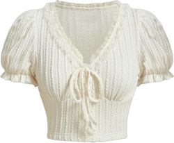 Verdusa Women's Knot Front Lace Trim Puff Sleeve V Neck Crop Tee Shirt Top X-Small Beige