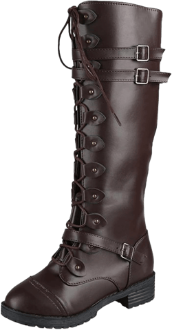 Traveltopp Women's Leather Lace-Up Knee Boots Fashion Studded Ankle Strap Trim Low Heel Knight Boots Winter Side Zipper Punk Combat Boots 5 Dark Brown