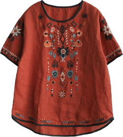 SeekMe Women's Embroidered Blouse Cotton Linen Short Sleeve Peasant Boho Mexican Tunic Top Casual T Shirt X-Large Red