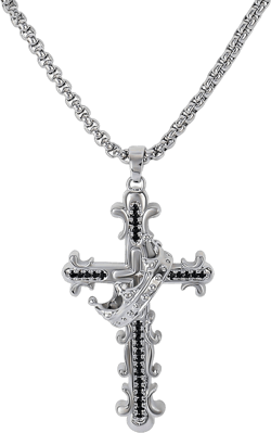 Silver Cross Pendant Necklace for Men with Crown Gothic Punk Cross Necklace 14K White Gold Plated Cross Necklace with Black Cubic Zirconia Adjustable Wheat Chain Religious Jewelry Gift for Men