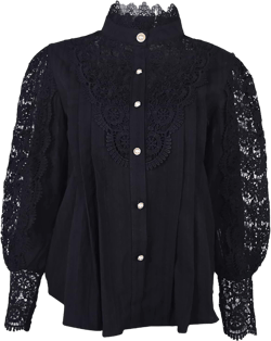 Women’s Elegant Lace Trim Shirts Solid Color V-Neck Casual Victorian Blouse Long Sleeve Button Down Tops Black Large
