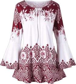 Chiccall Womens Ethnic Plus Size Tops Floral Print Tie V Neck Long Sleeve Beach Shirts Casual Loose Boho Blouses on Clearance