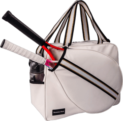 White PU Leather Women Large Sports Handbag Tennis Racket Shoulder Bag Tennis Tote Bag for 2 Rackets, with Water Bottle Holder