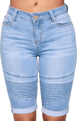 chouyatou Women's Moto Stretchy High Waist Butt-Lifting Wrinkle Cuffed Denim Bermuda Shorts Medium Light Blue