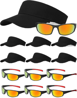 12 Pcs Summer Sports Sun Visor Hat Adjustable Polarized Sunglasses for Women Men UV Protection Sun Hat Athletic Caps Wrap Around Sunglasses for Beach Pool Softball Golf Tennis Outdoor Black