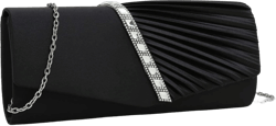 CHARMING TAILOR Evening Handbag Crystal Embellished and Pleated Satin Clutch Black