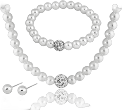 Brishow Wedding Pearl Necklace Set Silver Bridal Crystal Necklaces Earrings Bracelet Sets Rhinestone Brides Necklace Chain Jewelry Sets for Women and Girls Style 1