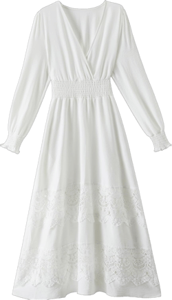 Women's Lace Maxi Dress Short Sleeve V Neck Party Dress Smocked Waist Boho Maxi Dress Bohemian Dress for Women Long Sleeve White Medium
