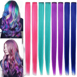 Rhyme Colored Hair Extensions Clip in For Girls Women Hair Accessories Wig Hairpieces Christmas birthday Gift Cosplay Hairstyles 8 Pieces (Pink Purple Blue Teal)