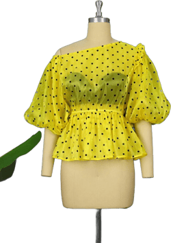 Plus Size Tops Off Shoulder Yellow Black Polka Dot Shirts for Women