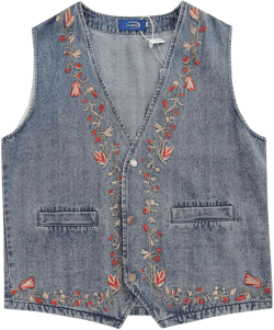 Y2k Japanese Vintage Floral Print Denim Jean Vest Oversized Button Down Waistcoat Aesthetic Crop Tops for Women X-Large Blue