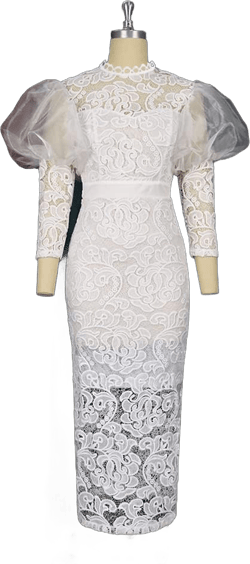 ONTINVA Women's Floral Lace Long Sleeve Patchwork Mesh Slim Pencil Midi Dress Medium White