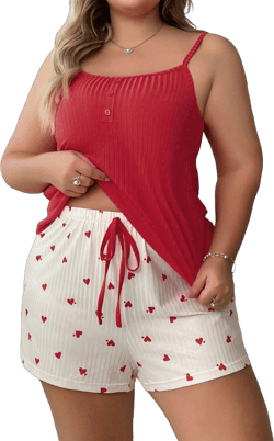 Solid Color Faux Button Pajama Sleepwear Set For Plus Size Women, Including Spaghetti Strap Top And Heart Pattern Printed Shorts