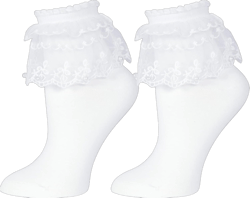 Lace Ruffle Frilly Socks for Women, Pearl Lace Ankle Socks 5-9 2 Pairs-white