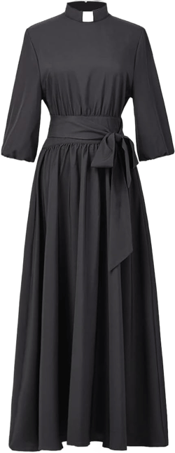 Church Dresses for Women Elegance Audrey Hepburn Style Tab Collar 3/4 Puff Sleeve Swing Maxi Dress with Long Belt X-Small Black