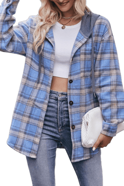 Women's Hooded Long Sleeve Classic Plaid Shirt Button Casual Jacket Cardigan Woolen Coat With Side Pockets Blue(no Side Pockets) X-Large