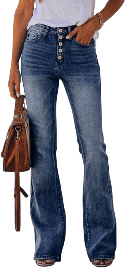 PLNOTME Womens High Waisted Jeans Boyfriend Flare Casual Stretch Bootcut Denim Pants 16 Short Dark Blue