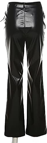 Women lace up Faux Leather Pants, Fashion Bandage Hollow High Waist Flare Cutout Pants, Slim Casual Pu Drawstring Trousers Black