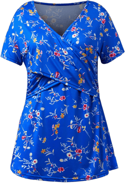 Women V Neck Floral Breastfeeding Shirts Sexy Casual Nursing Tops Pregnancy T-Shirt Short Sleeve Ruched Blouses Medium Blue