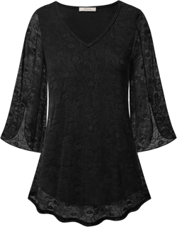 Bebonnie Womens Ruffle 3/4 Sleeve V Neck Double Layers Mesh Blouses Loose Fit Flowy Tunic Tops Medium Black Lace Floral