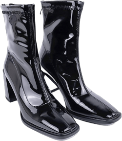 LEHOOR Women's Chunky Heel Ankle Boots Square Toe Back Zipper Patent Leather Mid Calf Booties High Block Heel Dress Mid Boots Casual Cute Winter Warm 4-11 M US 10 Patent Black